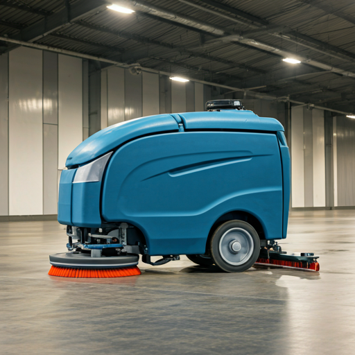 Industrial floor cleaning machine in large hall