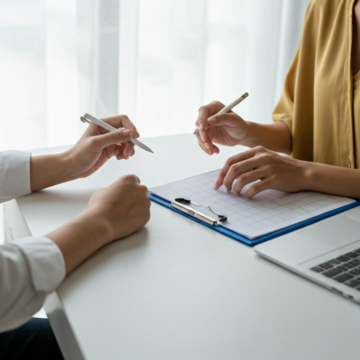 Two people discussing a schedule on a clipboard